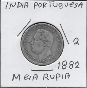 INDIA,PORTUGUESA MEIA RUPIA 1882 1/2 RUPIA=8 TANGAS=96 REIS 1881 RETRATO DE KI - Imagen 1 de 2