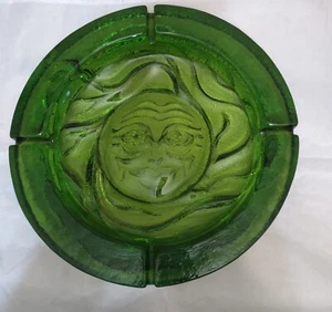Seltener 70er Jahre Vintage Blenko Glas 11" Waldgrün Aschenbecher lächelnde Sonne   - Bild 1 von 7