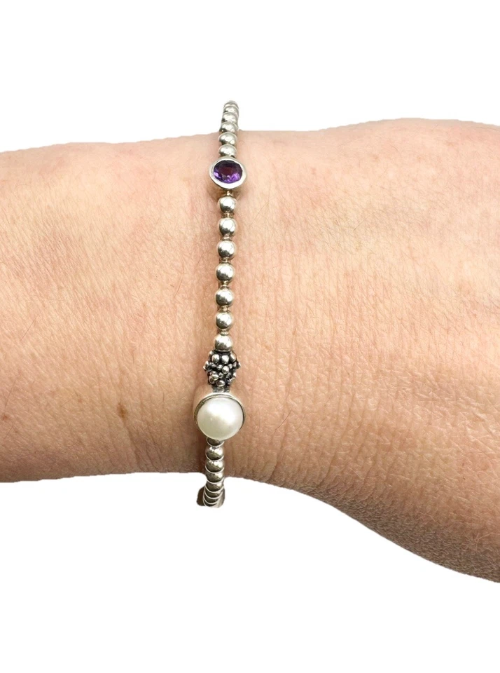 Michael Dawkins Sterling Silver Pearl Amethyst Beaded Link Bangle Bracelet 7.5” - Image 1 of 1