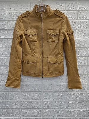 Used Tory Burch Long Sleeve Full Zip Leather Jacket Size 2 Mustard - Image 1 of 4