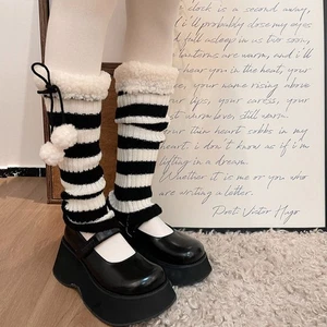 Knitted Lamb Y2K Leg Warmer Stripe Knee High Leg Socks for Women Girls - Picture 1 of 8