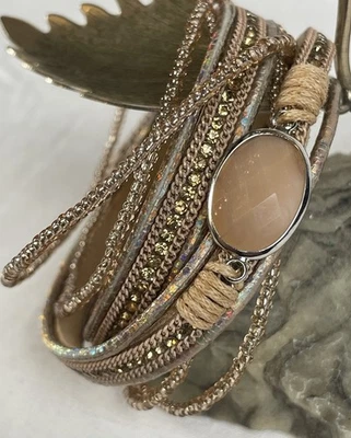 Multistrand Double Wrap Beaded Bracelet Beige Rhinestones Acrylic Glass Magnetic - Image 1 of 4