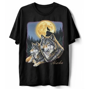 Wölfe Alaska T-Shirt Wolf heult bei Vollmond Tierwelt Natur Souvenir Tee - Bild 1 von 18