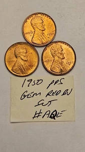 wheat penny lot 1950,1950-D,1950-S NICE RED BU SET NICE RED UNC LINCOLN CENTS - Picture 1 of 3