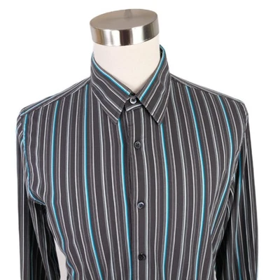 Camisa Express Para Hombres Ajustada LS Abotonada Gris Oscuro Teal Rayas L Foto 1 de 4