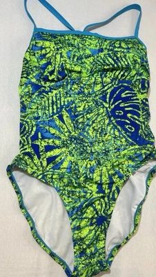 Nike Traje de Baño de Una Pieza Estampado Verde Neón y Azul Niñas Talla 14 Floral Geométrico Foto 1 de 4