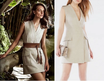 NUEVO CON ETIQUETAS BCBGMAXAZRIA Justin Chaleco a Medida Sin Mangas Mini Vestido Duna Beige Talla S Foto 1 de 4