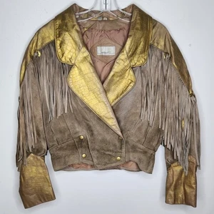 Giacca pelle vintage Tarazzia frange donna piccola oro western cropped concho - Foto 1 di 13