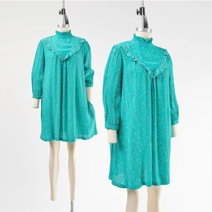 Vintage 80er türkis Rüschen Latz süß Dolly Puffärmel Zelt Kleid Taschen S M - Bild 1 von 9