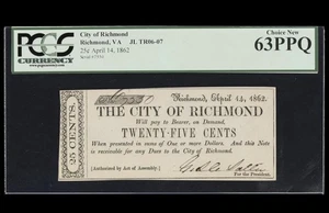 1862 VIRGINIA RICHMOND, 25c City VA Note Civil War BankNote Currency, PCGS 63 - Picture 1 of 5
