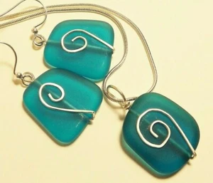 TEAL Cultured sea glass hand hammered 925 silver custom design set 20" necklace - Picture 1 of 3
