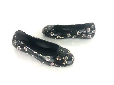 全新 Tory Burch Minnie TRAVEL 黑色花卉专利皮革 REVA 芭蕾平底鞋 8 — 第 1/4 张图片