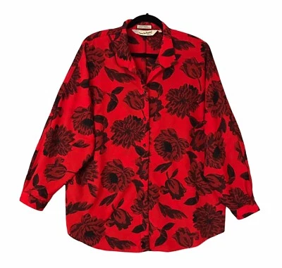 Blusa Top Diane Von Furstenberg Vintage Floral Roja Negra Para Mujer Talla Grande 3X Foto 1 de 4