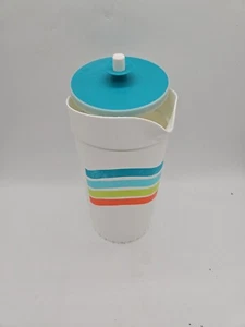 Tupperware 2 QT Push Button Pitcher with Teal Green Orange Summer Stripes - Picture 1 of 8