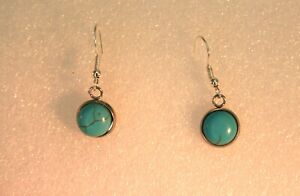 Sterling silver hook turquoise round drop dangle earrings 1"