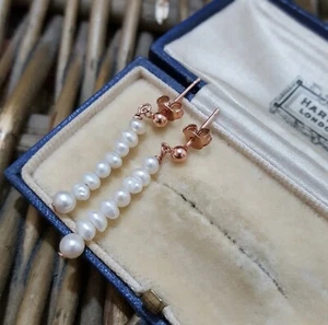 925 Sterling Silver Earrings, Rose Gold Plated, Freshwater Pearls Dangle, Bridal - Picture 1 of 5
