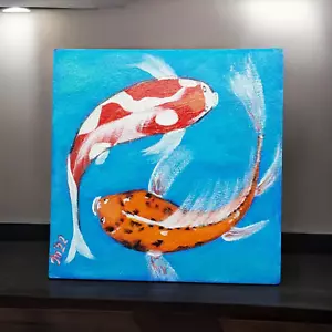 Koi Carps quadro originale feng shui regalo piccola arte fatto a mano arte da parete quercia - Foto 1 di 8