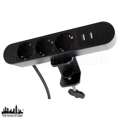 Tisch- Schreibtisch-Steckdose 3-fach inkl. 2x USB-A, Tischklemme 2m Anschlußabel - Bild 1 von 4