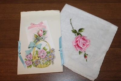 Vintage Embroidered Rose Hand Rolled Edge Hankie, Lanvin Arpege Sachet, Holder  - Image 1 of 4