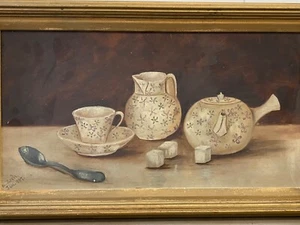 🔥 Antique Old American Southern Folk Art Still Life Oil Painting, Tea Pot 1897 - Picture 1 of 12