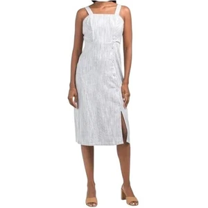 Tahari Grey White Linen Blend Pinstripe Midi Dress UK 8 Square Neck Smart Casual - Picture 1 of 18