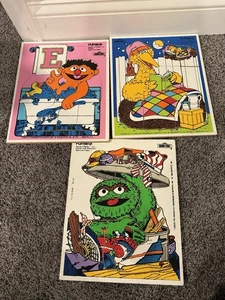 Vintage Wooden Playskool Puzzles Sesame Street Oscar Big Bird Ernie Lot Of 3 - Picture 1 of 4