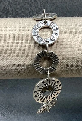 Sherry Tinsman Sterling 925 Silver Stamped Reversible Hoops Link Bracelet 7-8 in - Image 1 of 4