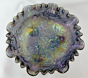 Open Rose Amethyst Purple Imperial Glass Crimped Edge Three Footed Bowl - Picture 1 of 8