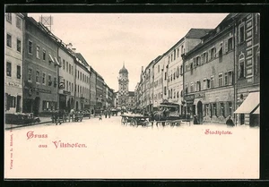 Vilshofen, Ansichtskarte, Straßenpartie am Stadtplatz mit Pferdewagen - Picture 1 of 2