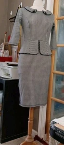 Pakula Bodycon Dress Houndstooth Peter Pan Collar Peplum Wiggle Sz M Piping - Picture 1 of 9