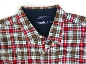 Nautica XL Men Button Down Cotton Shirt Plaid Long Sleeves Logo Pocket Red Green - Picture 1 of 8