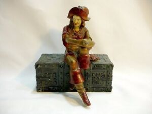 VINTAGE JB HIRSCH FOUNDRY CAST SPELTER PIRATE LADY ON TREASURE CHEST