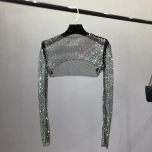 Lady Long Sleeve Mesh Crop Tops Rhinestone Fishnet Shawl Short Shirt See Through - Picture 1 of 17