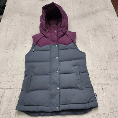 Chaleco de plumón Patagonia Bivy para mujer XS Puffer Drumfire con capucha púrpura gris forrado Foto 1 de 4