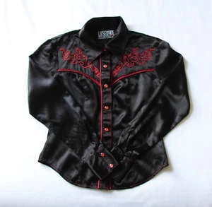 Women's Vintage Lip Service Black Silk Satin Embroidered Western Flames Shirt S - Bild 1 von 5