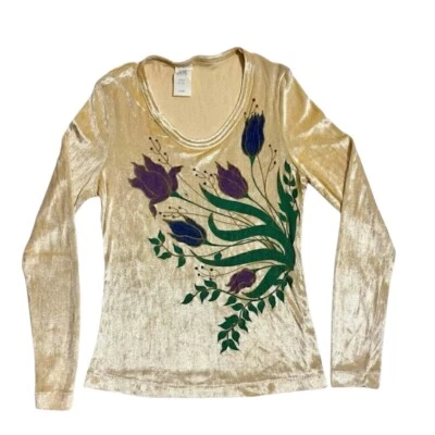 Blusa Top Pequeña Vintage Años 70 Terciopelo Aplastado Anfitriona Tulipanes Floral Manga Larga Foto 1 de 4