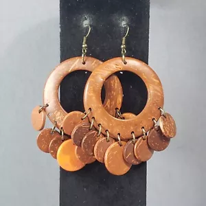 Dangle Coconut Earrings Brown Mid Century Retro Modernist Boho Pierced 3" - Picture 1 of 9