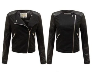 New Ladies Faux Leather Contrast Zip Lined Womens Pu Pvc Crop Biker Jacket 8-14  - Picture 1 of 4