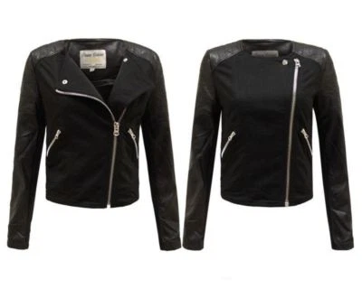 New Ladies Faux Leather Contrast Zip Lined Womens Pu Pvc Crop Biker Jacket 8-14  - Image 1 of 3