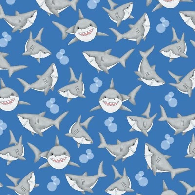 A.E. NATHAN Sharks On Blue Cotton FLANNEL $3.99 Ships ANY Amount Of Fabric!