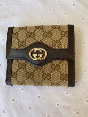 Auténtica Cartera Gucci Lona GG Logo Solapa Francesa Marrón Beige Para Mujer Foto 1 de 4