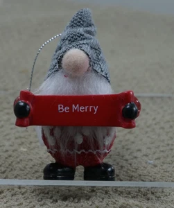 Ganz Gnome Christmas Ornament red with grey knitted hat says be Merry - Picture 1 of 3