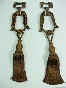 2 Tassel Tiebacks Curtain Tie Back Large Brown Bronze Silky Corded Drapery Panel - Picture 1 of 8