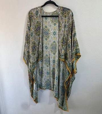 Cardigã Free People Kimono Suéter OS Amarelo Azul Boho Espanador Flowy Lagen Aberto - Imagem 1 de 4