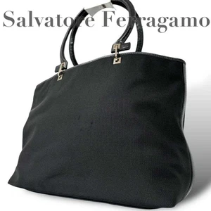 Salvatore Ferragamo Tote Medium Canvas Leather Black Women's USED FROM JAPAN - Picture 1 of 10
