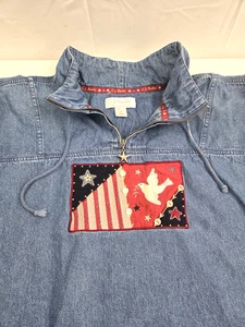 C.J. Banks 100% Cotton Denim Flag & Dove of Peace 1/4 Zip Pullover Women's Sz 1X - Picture 1 of 15