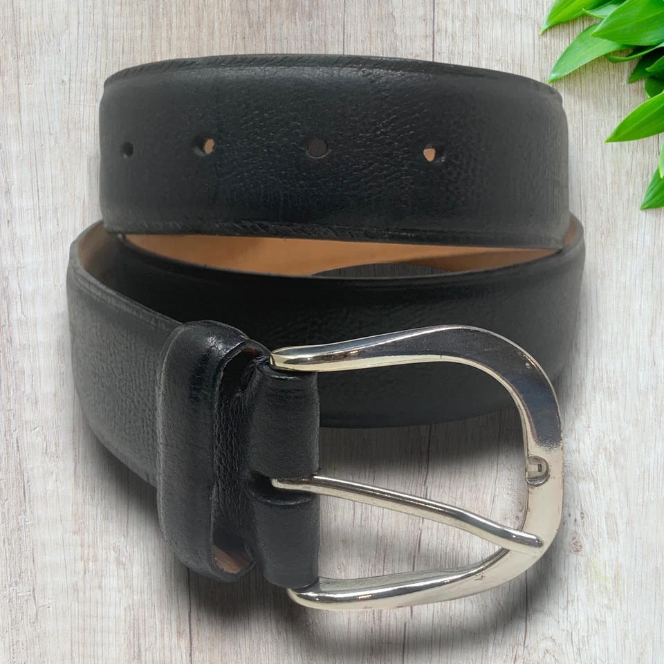 复古 Fullum & Holt 加拿大尺寸 38 黑色皮革礼服腰带银色扣 — 第 1/4 张图片