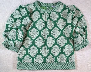 Voy Puffärmel Top Damen S grün cremeweiß Damast Gittermuster gebraucht, in einwandfreiem Zustand - Bild 1 von 8