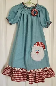 Vestido de Navidad Le’ Za Me Niñas Talla 6 Azul y Blanco Cuadros Volantes Cara de Santa - Imagen 1 de 7