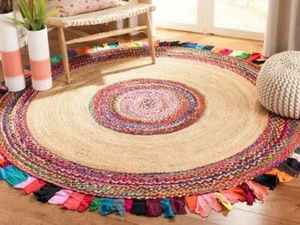 Handmade Handwoven Rag Rug Colorful Chindi Area Rug Home Decor Rug Jute 4x4 Feet - Picture 1 of 4